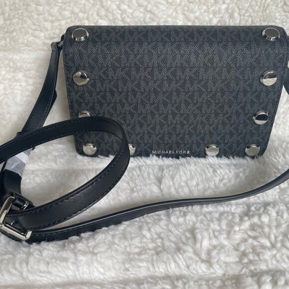 Brand New Michael Kors LOGO Black Gray Crossbody Purse Bag Black MSRP $298 - Picture 3 of 10